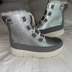 Sorel Silver Metallic Winter Lace-Up Boots